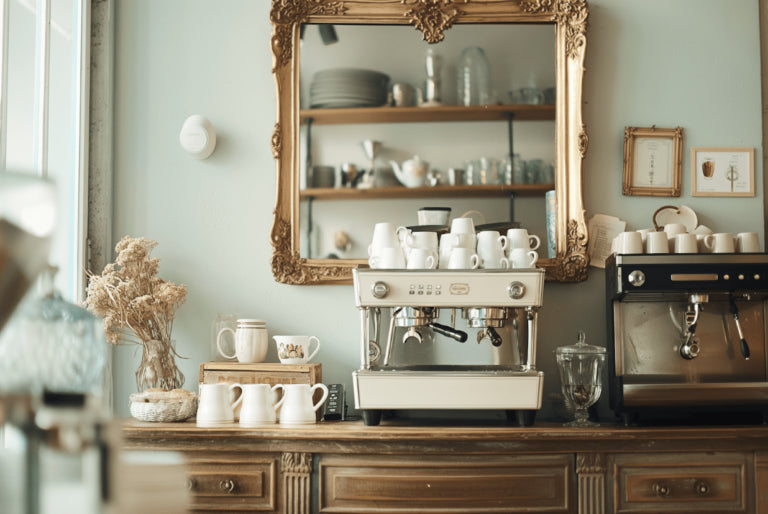 Coffee-making setup with espresso machine and cups on a wooden counter, mirror in the background.